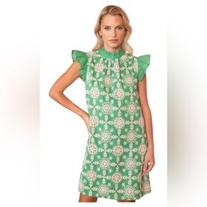 VOY Tara Green Embroidered Ruffle Sleeve Dress Size S